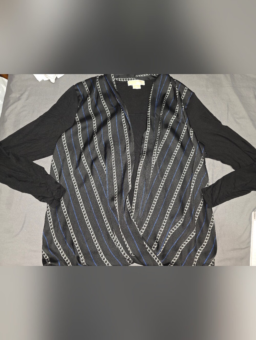 Michael Kors Black Top with Silver Chain & Blue Pinstripes